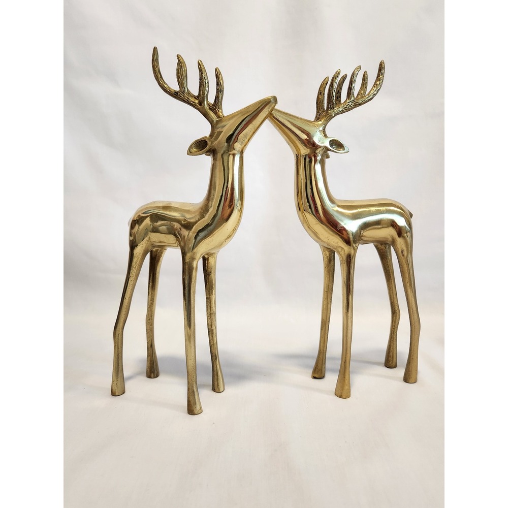 Set of 2 Solid Brass Deer Bucks 6 pt Antlers 12" Tall Legs Shiny Beautiful